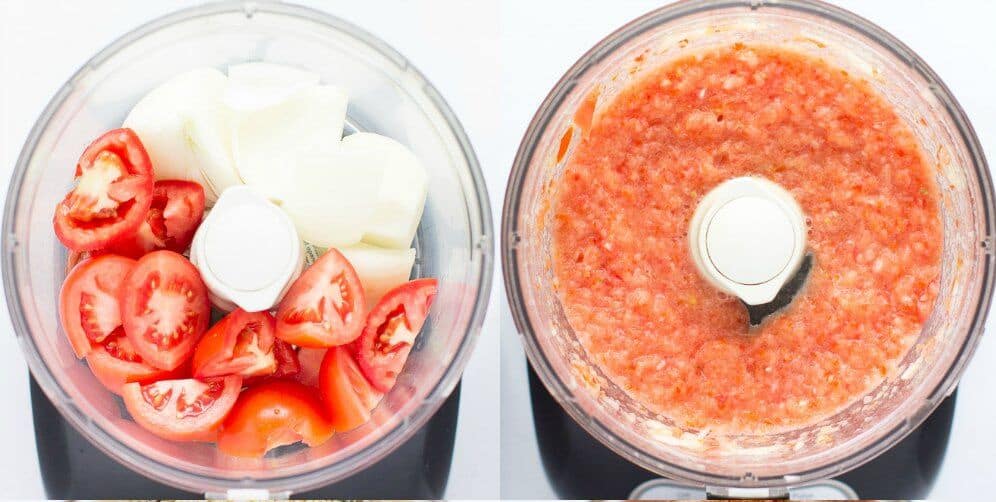 Ingredientes para la salsa de jitomate antes y después de moler en procesador de alimentos