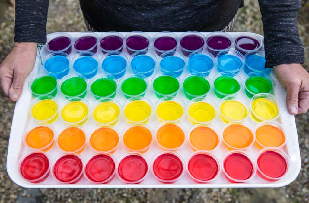 Fotografía decorativa de bandeja con vasitos de gelatina de vodka de muchos colores