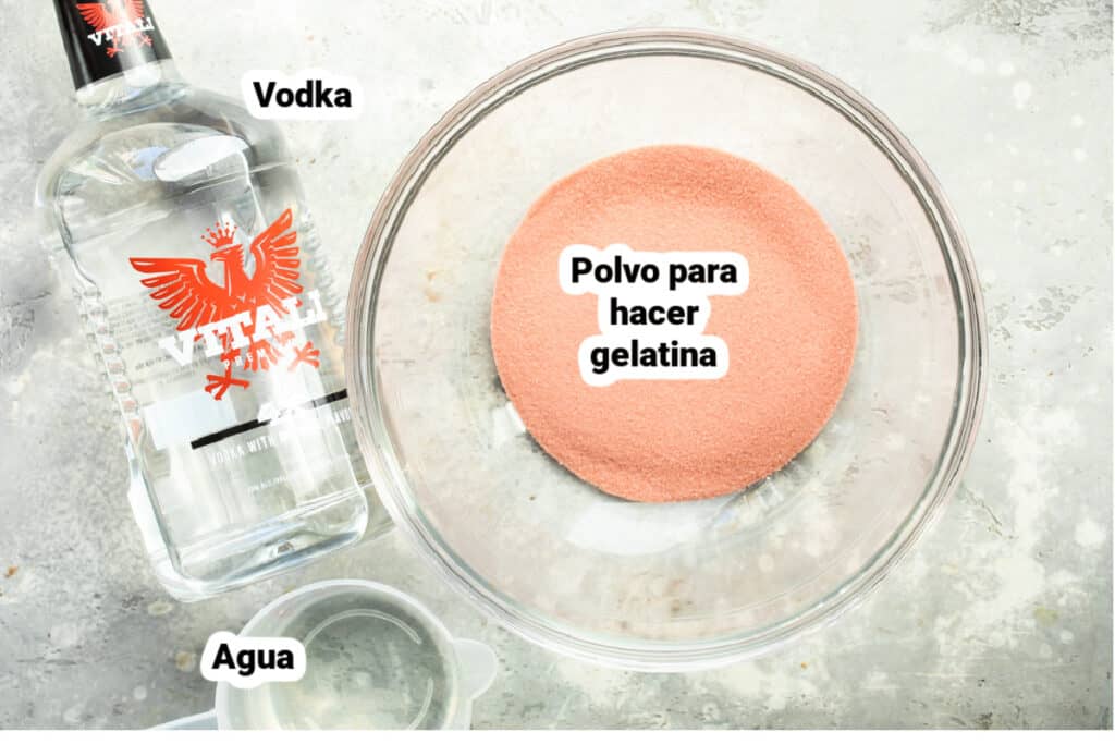 Ingredientes para gelatina de vodka con etiquetas