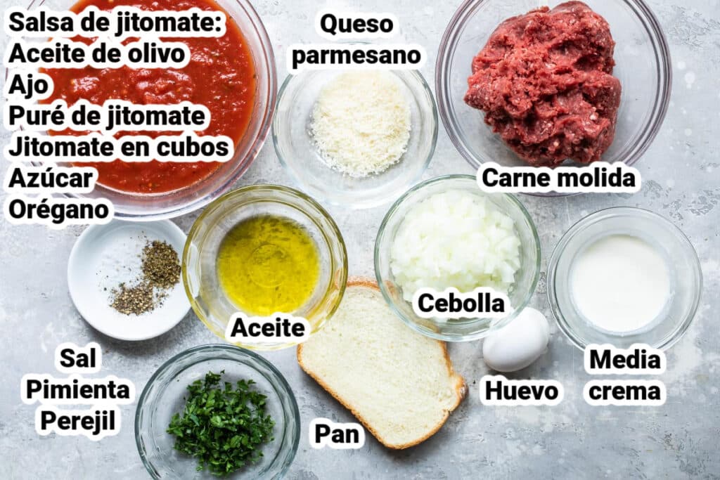 Ingredientes para la receta de spaghetti con albóndigas con etiquetas