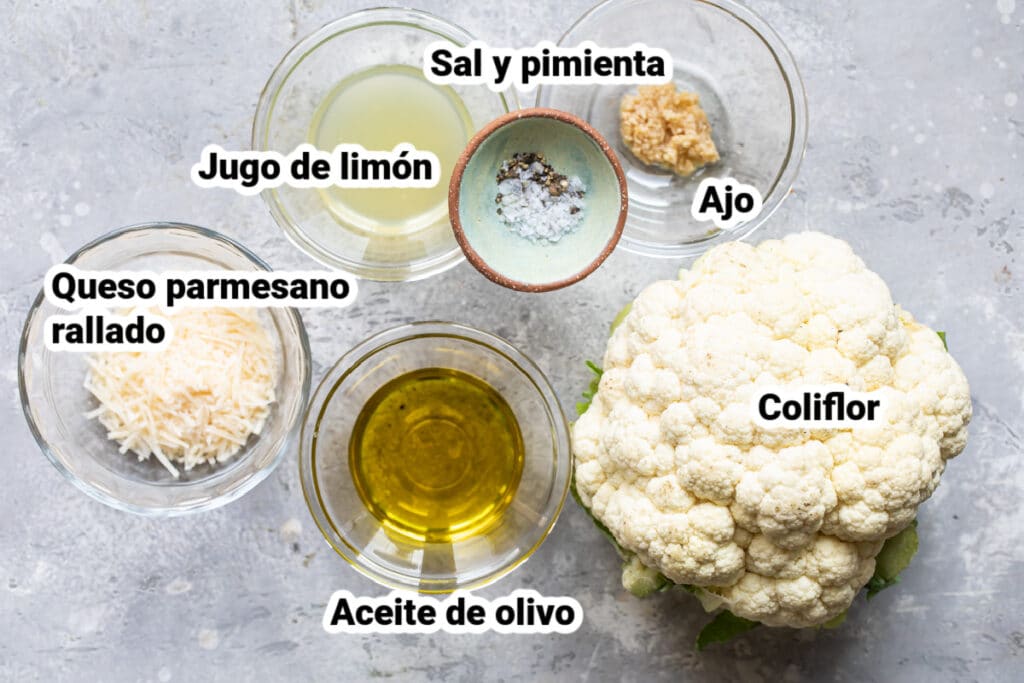 Ingredientes para coliflor al horno con parmesano y limón