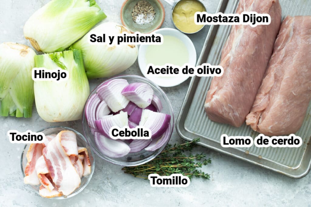 Ingredientes para preparar lomo de cerdo con hinojo envuelto en tocino
