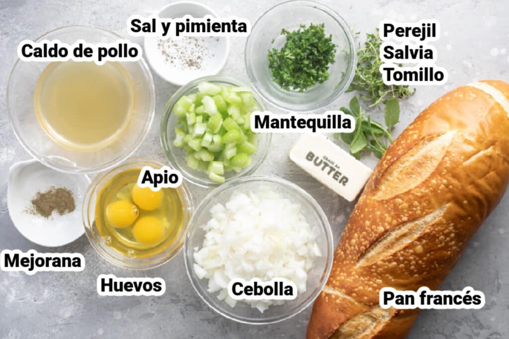 Ingredientes para relleno de pan para pavo