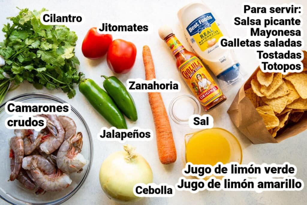 Ingredientes para hacer ceviche de camarón.